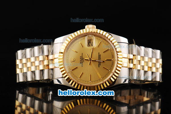 Rolex Datejust Automatic Movement Gold Dial with Gold Stick Markers and Steel Case-18K Gold Never Fade - Click Image to Close